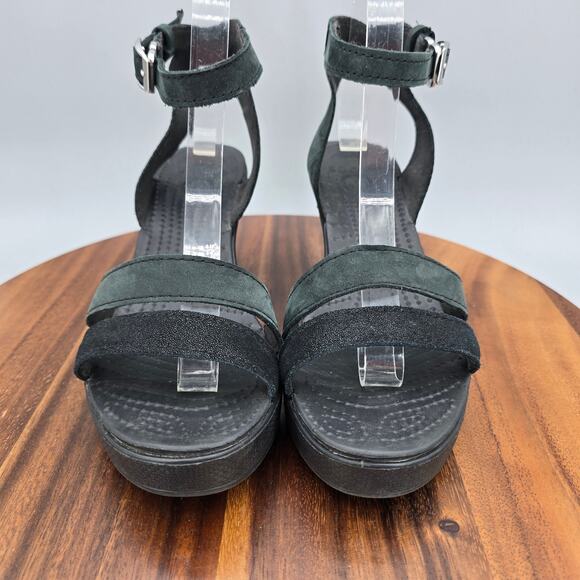 Crocs Sandals Women's 8 Black Leigh II Shimmer Ankle Strap Comfort Wedge Shoes - Picture 2 of 7